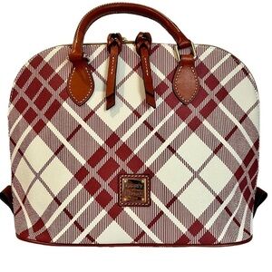 Vintage Dooney and Bourke Cranberry Plaid Leather Zip Zip Domed Satchel Handbag
